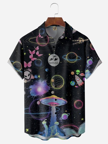 

Universe Alien Chest Pocket Short Sleeve Casual Shirt, Black, Men Shirts