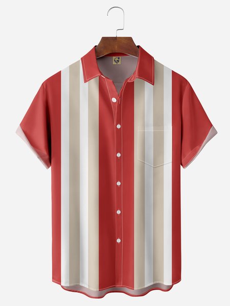 

Geometric Stripe Chest Pocket Short Sleeve Bowling Shirt, Red, Men Shirts