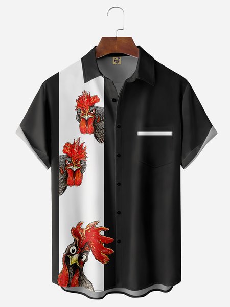 

Rooster Chest Pocket Short Sleeve Bowling Shirt, Black, Men Shirts