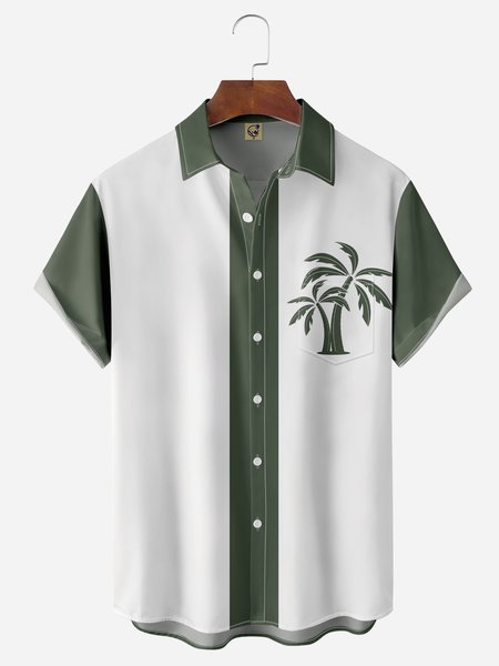 

Coconut Tree Chest Pocket Short Sleeve Bowling Shirt, Green, Men Shirts