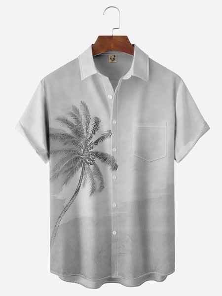 

Palm Tree Chest Pocket Short Sleeve Hawaiian Shirt, Gray, Men Shirts