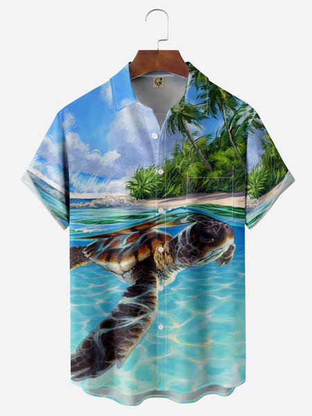 

Marine Life Sea Turtle Chest Pocket Short Sleeve Hawaiian Shirt, Blue, Men Shirts