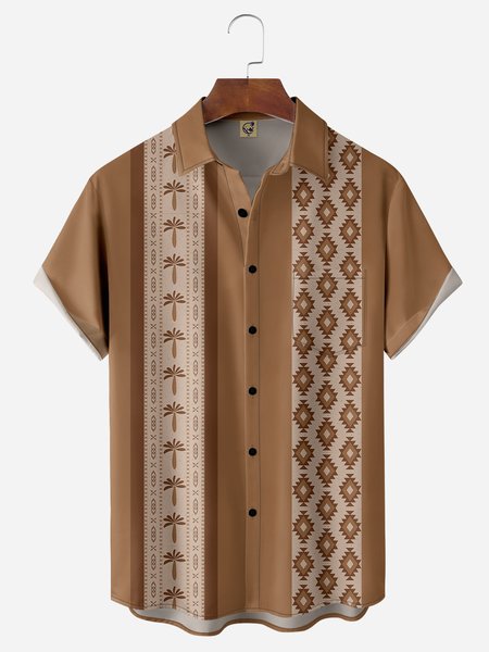 

Ethnic Chest Pocket Short Sleeve Bowling Shirt, Brown, Men Shirts