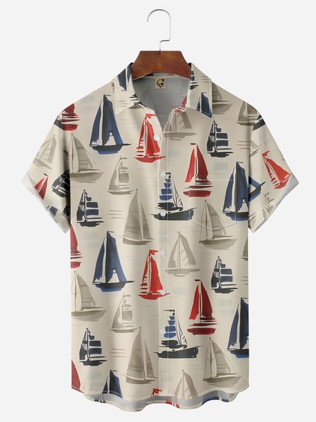 

Sailboat Chest Pocket Short Sleeve Hawaiian Shirt, Khaki, Men Shirts