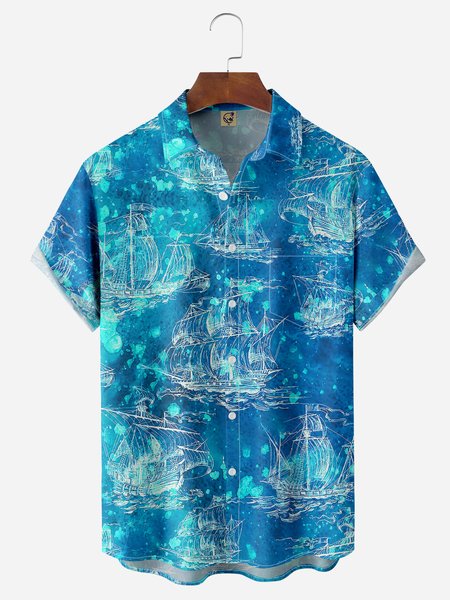 

Sailing Boat Chest Pocket Short Sleeves Hawaiian Shirts, Blue, Men Shirts
