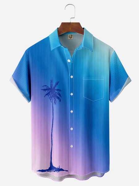 

Gradient Coconut Tree Chest Pocket Short Sleeve Hawaiian Shirt, Blue, Men Shirts