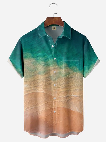 

Beach Seawater Chest Pocket Short Sleeve Hawaiian Shirt, Green, Men Shirts