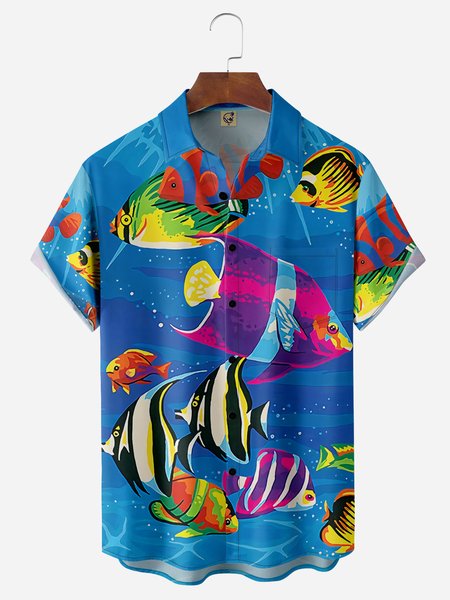 

Marine Life Chest Pocket Short Sleeve Hawaiian Shirt, Blue, Men Shirts