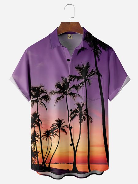 

Palm Leaf Chest Pocket Short Sleeve Hawaiian Shirt, Purple, Men Shirts
