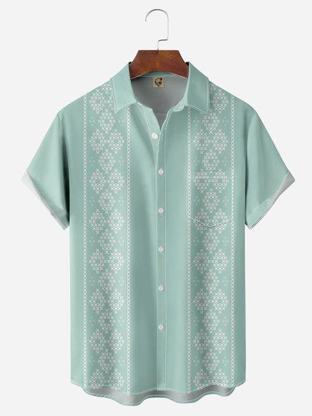 

Striped Chest Pocket Short Sleeve Bowling Shirt, Green, Men Shirts