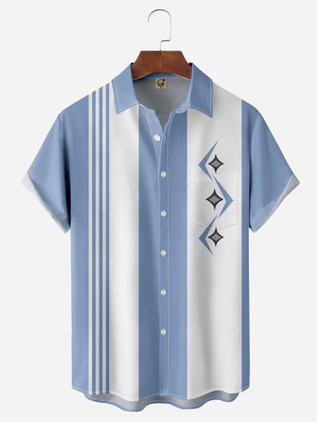 

Geometric Pattern Chest Pocket Short Sleeve Bowling Shirts, Blue, Men Shirts