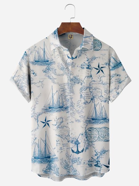 

Map Sailing Chest Pocket Short Sleeves Hawaiian Shirts, White, Men Shirts