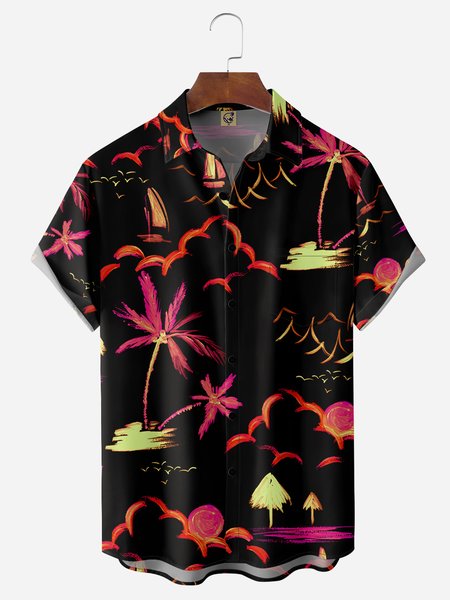 

Coconut Tree Painting Chest Pocket Short Sleeve Hawaiian Shirt, Black, Men Shirts
