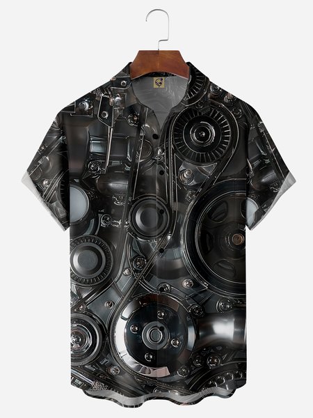 

Machine Print Chest Pocket Short Sleeve Casual Shirt, Black, Men Shirts