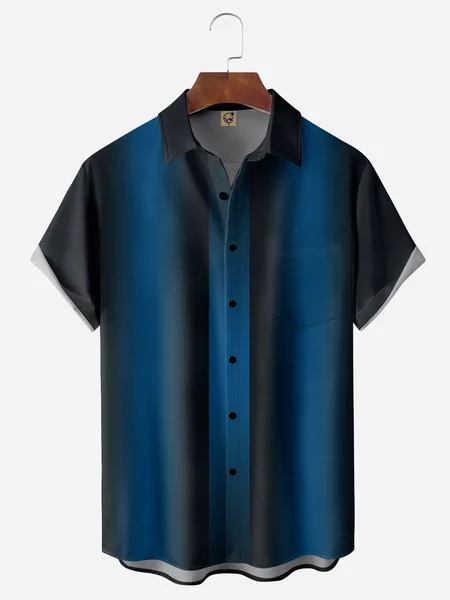 

Gradient Color Chest Pocket Short Sleeve Bowling Shirt, Black-blue, Men Shirts