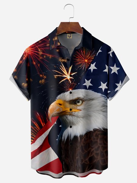 

American Flag Chest Pocket Short Sleeve Casual Shirt, Blue, Men Shirts