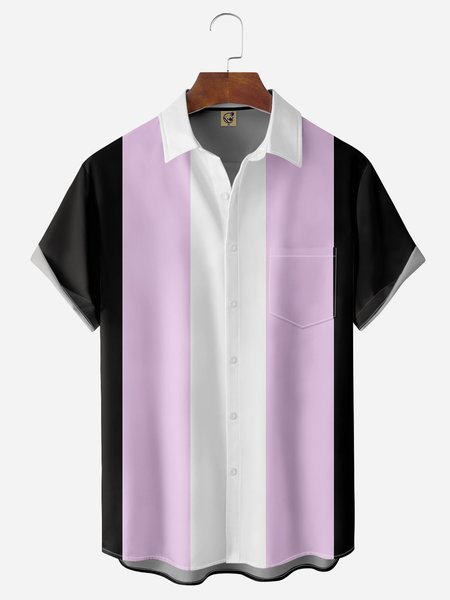 

Color Block Chest Pocket Short Sleeves Bowling Shirts, Black, Men Shirts