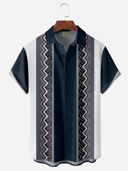 

Vintage Striped Chest Pocket Short Sleeve Bowling Shirt, Blue, Men Shirts