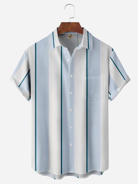 

Geometric Stripe Chest Pocket Short Sleeves Casual Shirts, Blue, Men Shirts