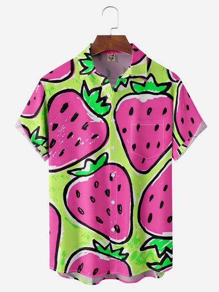 

Strawberry Chest Pocket Short Sleeve Hawaiian Shirt, Green, Men Shirts