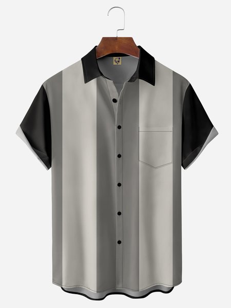 

Striped Chest Pocket Short Sleeve Bowling Shirt, Black, Men Shirts