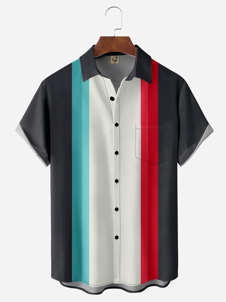 

Color Block Chest Pocket Short Sleeve Bowling Shirt, Black, Men Shirts