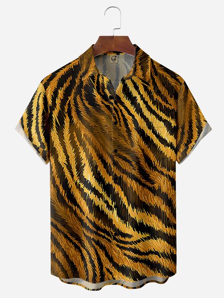 

Tiger Fur Print Chest Pocket Short Sleeve Hawaiian Shirt, Golden, Men Shirts