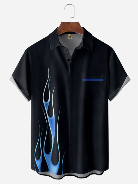 

Flame Chest Pocket Short Sleeve Casual Shirt, Black, Men Shirts