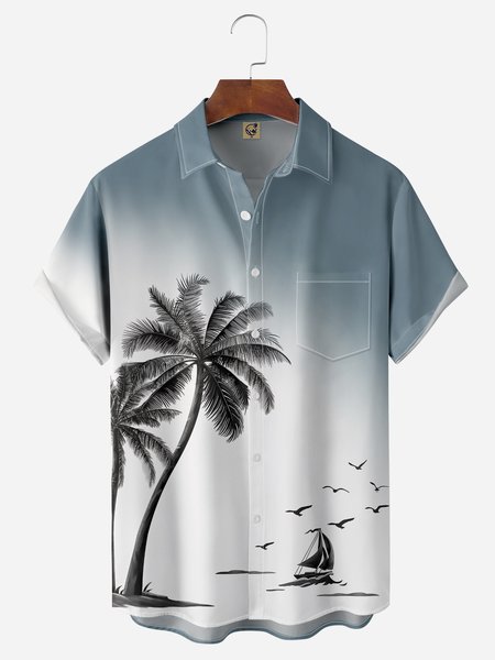 

Palm Tree Chest Pocket Short Sleeve Hawaiian Shirt, Blue, Men Shirts