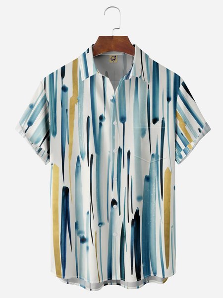 

Geometric Stripe Chest Pocket Short Sleeves Casual Shirts, White, Men Shirts