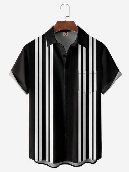

Geometric Stripe Chest Pocket Short Sleeves Bowling Shirts, Black, Men Shirts