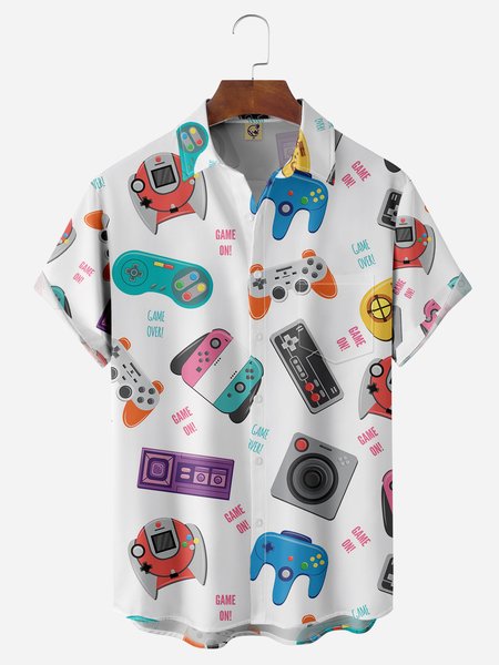 

Game Console Chest Pockets Short Sleeves Casual Shirts, White, Men Shirts