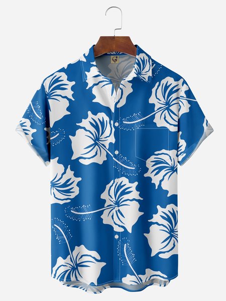 

Botanical Floral Chest Pocket Short Sleeve Hawaiian Shirt, Blue, Men Shirts