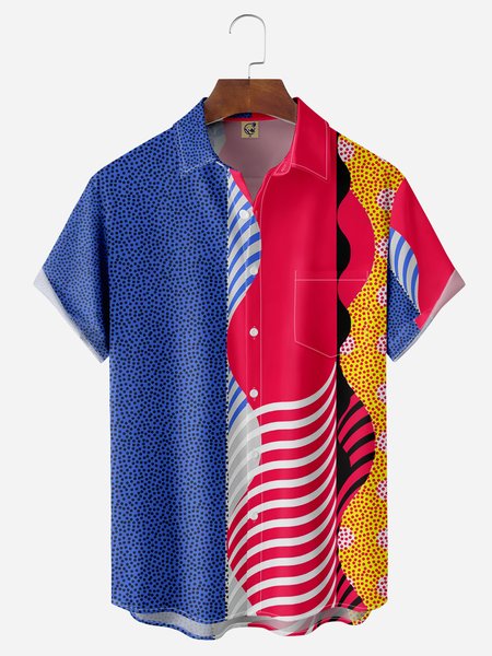 

Geometric Chest Pocket Short Sleeve Casual Shirt, Blue, Men Shirts