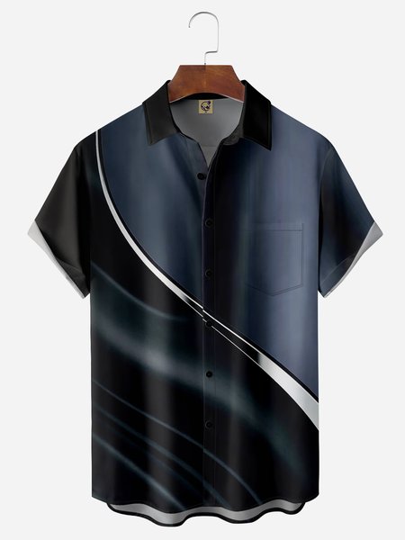 

Geometric Split Chest Pockets Short Sleeves Casual Shirts, Black, Men Shirts