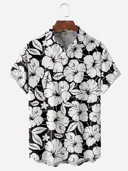 

Botanical Floral Chest Pocket Short Sleeve Hawaiian Shirt, Black, Men Shirts