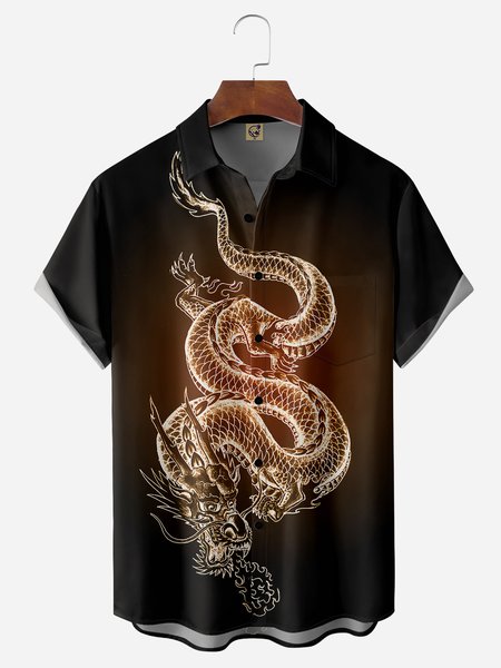

Dragon Chest Pocket Short Sleeves Casual Shirt, Black, Men Shirts