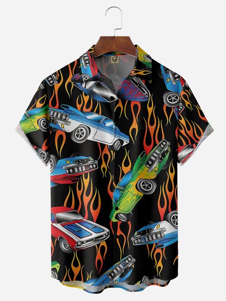 

Vintage Car Flame Chest Pocket Short Sleeve Casual Shirt, Black, Men Shirts