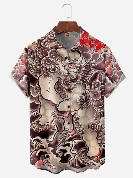 

Ukiyo-e Lion Chest Pocket Short Sleeves Casual Shirt, Brown, Men Shirts
