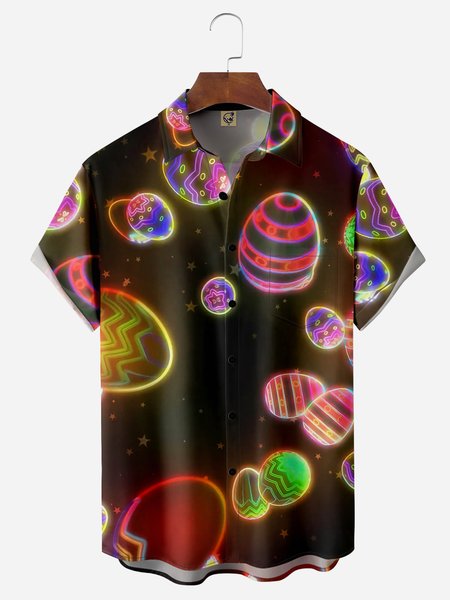 

Easter Eggs Chest Pockets Short Sleeves Casual Shirts, Black, Men Shirts