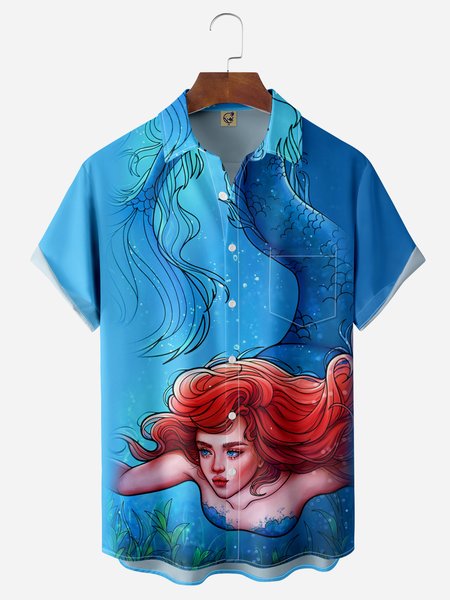 

Mermaid Chest Pocket Short Sleeve Hawaiian Shirt, Blue, Men Shirts