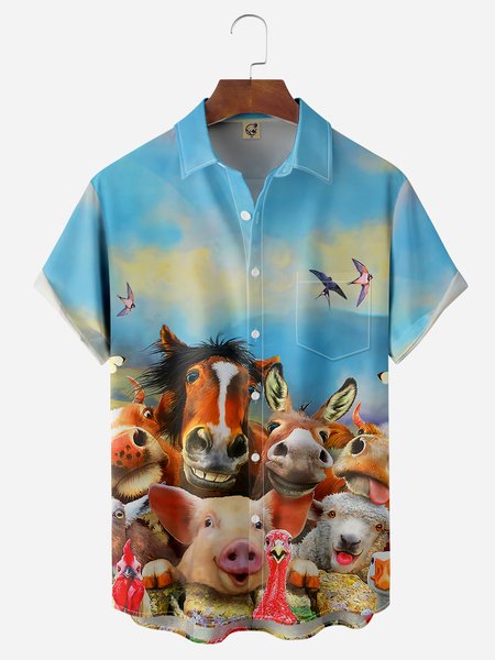 

Fun Animals Chest Pocket Short Sleeve Casual Shirt, Blue, Men Shirts