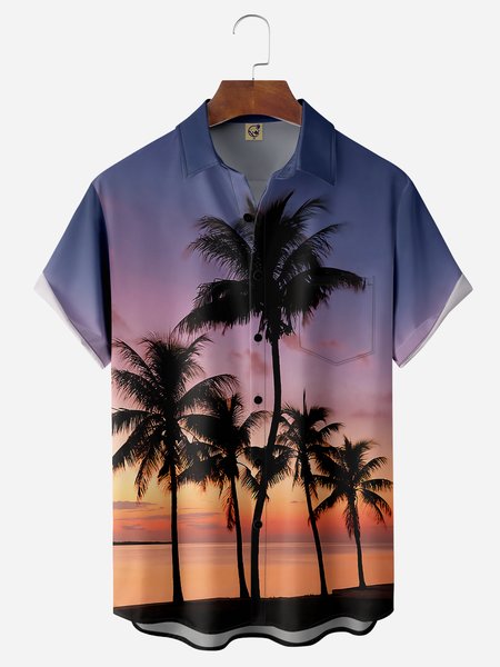 

Coconut Tree Chest Pocket Short Sleeve Hawaiian Shirt, Purple, Men Shirts