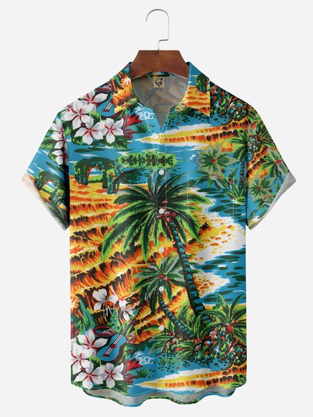 

Palm Tree Chest Pocket Short Sleeve Hawaiian Shirt, Blue, Men Shirts