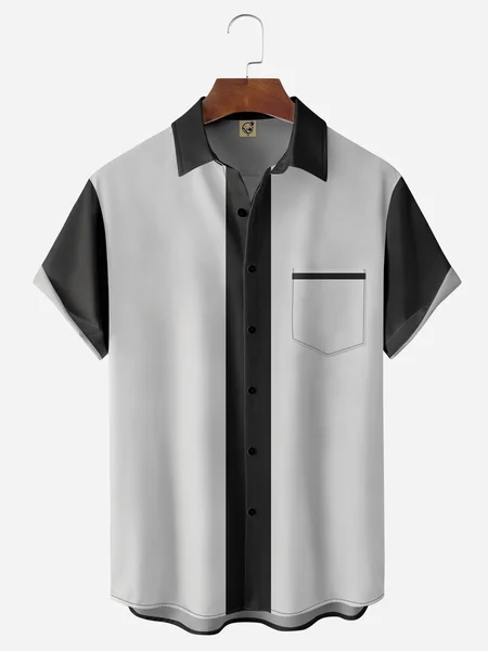 

Striped Chest Pocket Short Sleeve Bowling Shirt, Black, Men Shirts