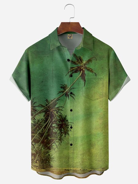 

Coconut Tree Chest Pocket Short Sleeve Hawaiian Shirt, Green, Men Shirts