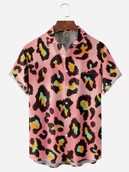 

Leopard Chest Pocket Short Sleeve Hawaiian Shirt, Pink, Men Shirts