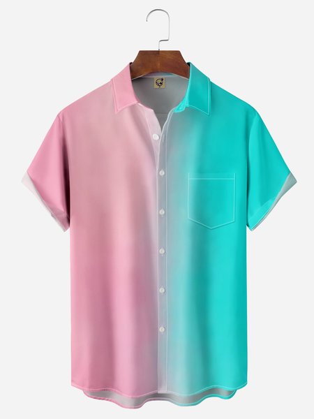 

Gradient Color Chest Pocket Short Sleeve Casual Shirt, Pink, Men Shirts