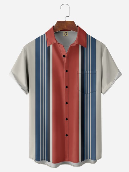 

Striped Chest Pocket Short Sleeve Bowling Shirt, Apricot, Men Shirts