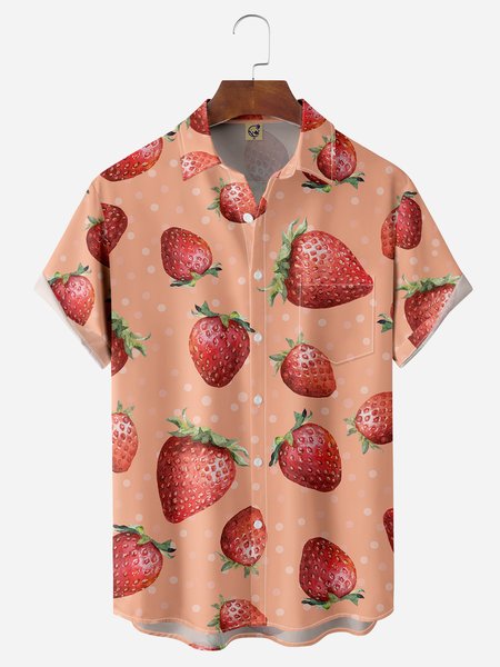 

Strawberry Chest Pocket Short Sleeve Casual Shirt, Red, Men Shirts